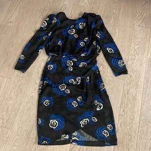 Diane Von Furstenberg Black and Blue Sheath Dress with Puff Sleeves